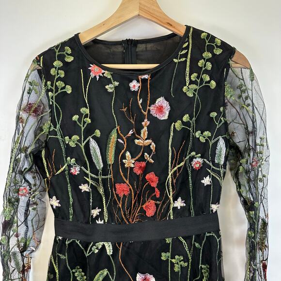 Black Midi Sheer Sleeve Embroidered Floral Knee Length Dress Womens Size Small - Picture 3 of 14